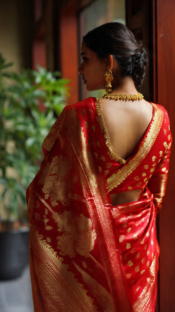 wide angle shot of the saree with traditional art